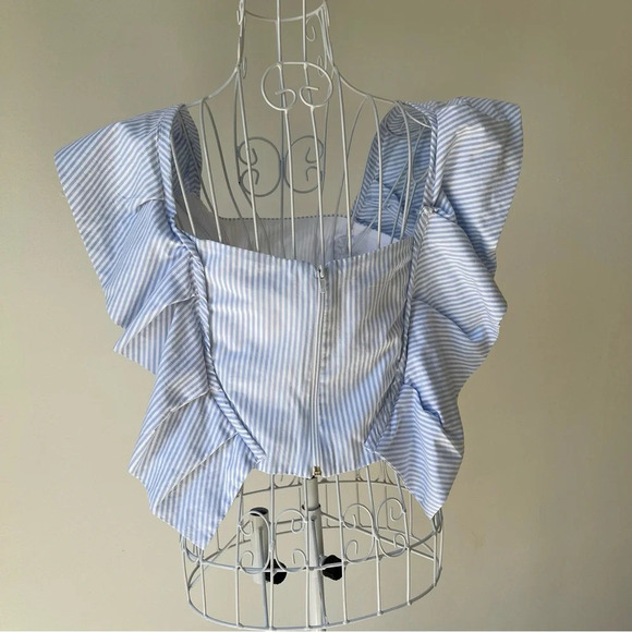 Mila Carr STRIPED RUFFLE BLOUSE sleeveless top back full zip cotton white blue 2 - Picture 2 of 10